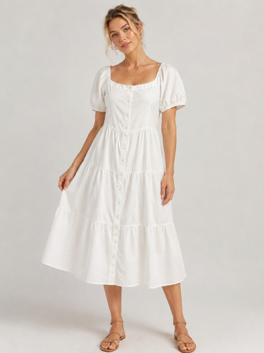 New York & Company White Tiered, Puff Sleeve Midi Dress Cottagecore Boho Coastal